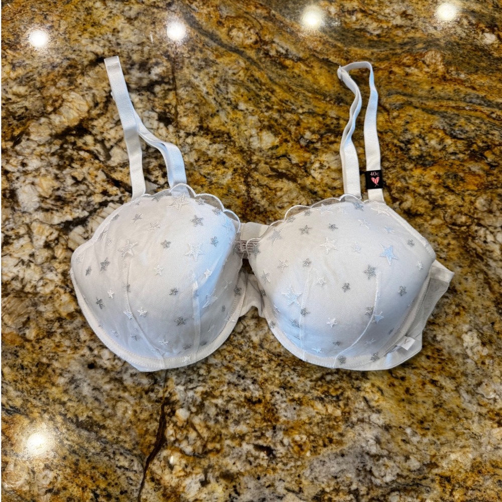 Victorias Secret Dream Angels Demi Bra White Silver Star Embroidered 40C 988005